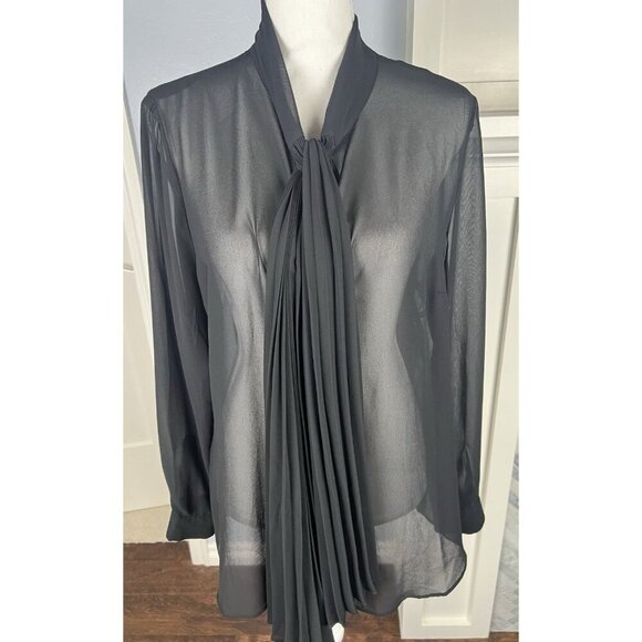 DENNIS BY DENNIS BASSO WOMEN BLACK SIZE 14 BLOUSE W/LONG Pleated Attached Scarf - Picture 6 of 10